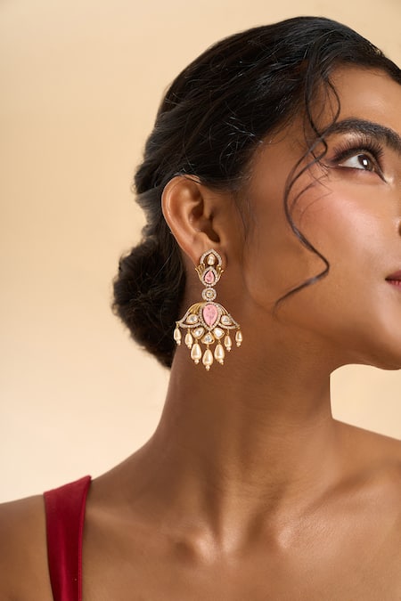 Shop_Nazaakat By Samara Singh_Pink Stones, Pearls Dangling Drop Embellished Earrings _Online_at_Aza_Fashions