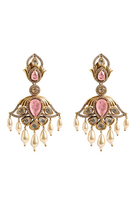 Buy_Nazaakat By Samara Singh_Pink Stones, Pearls Dangling Drop Embellished Earrings 