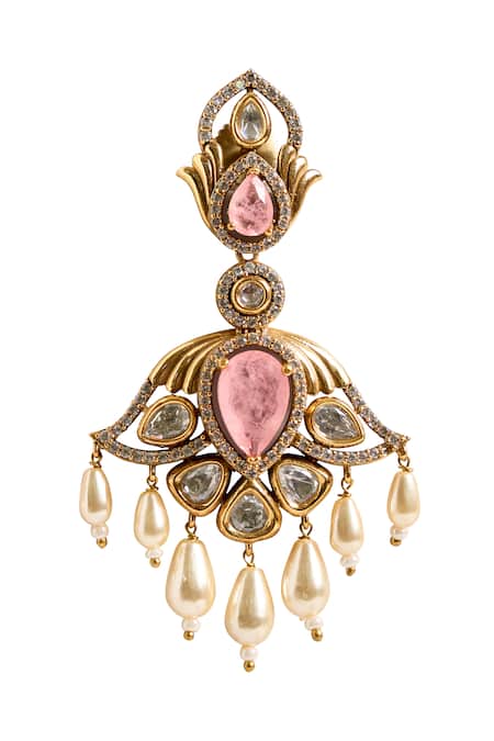 Shop_Nazaakat By Samara Singh_Green Gemstones, Stones, Pearls Dangling Drop Earrings 