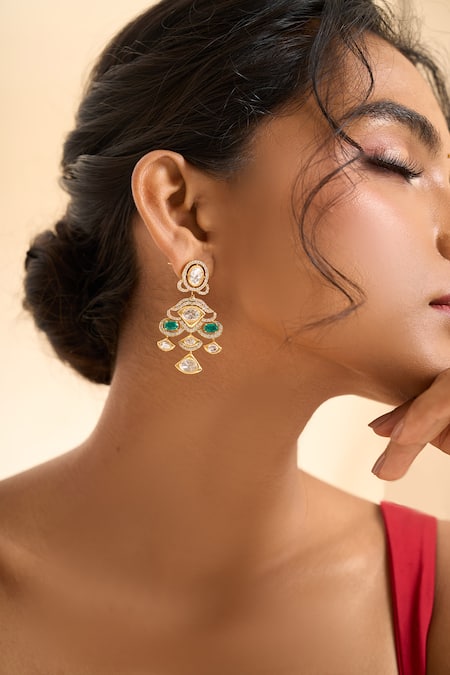 Shop_Nazaakat By Samara Singh_Green Stones Dangling Drop Earrings _Online_at_Aza_Fashions