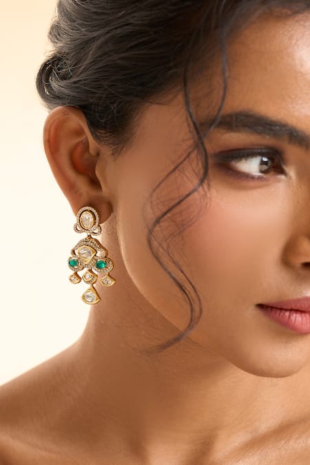 Nazaakat By Samara Singh_Green Stones Dangling Drop Earrings _at_Aza_Fashions