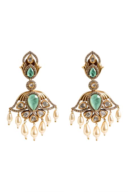 Buy Nazaakat By Samara Singh Mint Gemstones, Pearls, Dangling Embellished Drop Earrings Buy_Nazaakat By Samara Singh_Mint Gemstones, Pearls, Dangling Embellished Drop Earrings