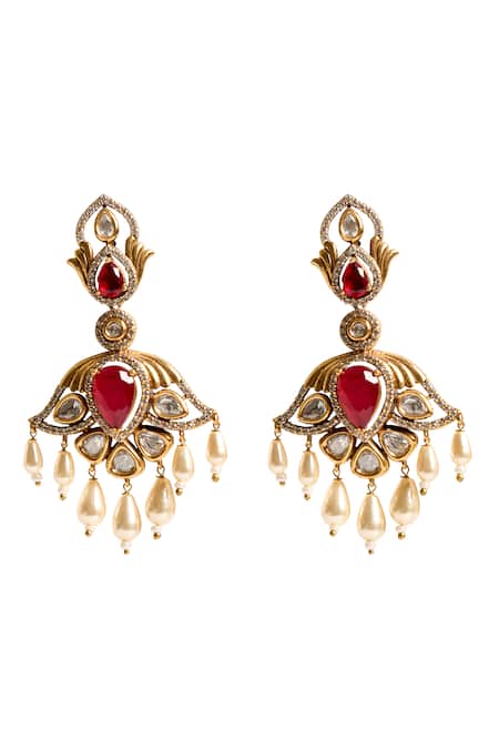 Nazaakat By Samara Singh Red Gemstones, Pearls Embellished Dangling Drop Earrings Online at Aza Fashions Nazaakat By Samara Singh_Red Gemstones, Pearls Embellished Dangling Drop Earrings _Online_at_Aza_Fashions
