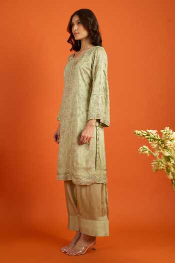 Shop_Khwaab By Sanjana Lakhani_Green Satin, Silk Embroidery Round Neck Floral Vine Kurta Set _Online_at_Aza_Fashions