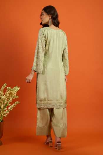 Buy_Khwaab By Sanjana Lakhani_Green Satin, Silk Embroidery Round Neck Floral Vine Kurta Set 