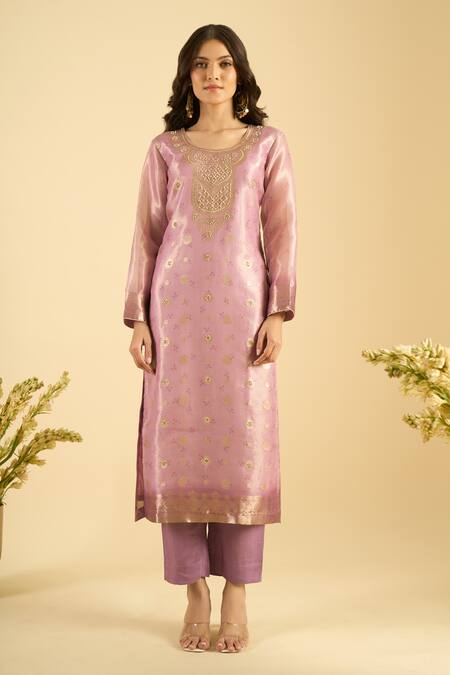 Buy_Naintara Bajaj_Pink Organza, Jacquard Embroidery, Zari Round Neck Scattered Butti Kurta Set _Online_at_Aza_Fashions