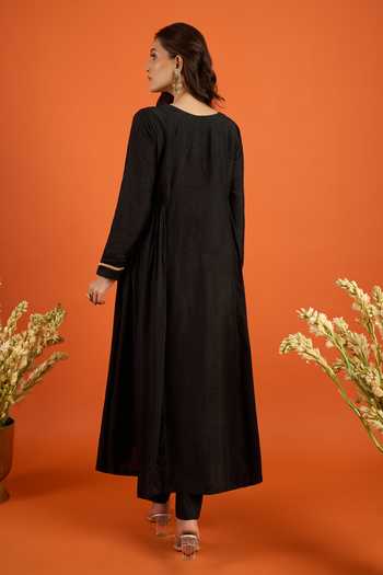 Khwaab By Sanjana Lakhani_Black Chiffon Embroidery Round Neck Side Gathered Kurta With Pant _Online_at_Aza_Fashions