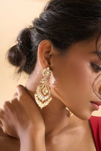 Nazaakat By Samara Singh_Gold Plated Pearls, Stones, Faux Diamonds Dangling Earrings _at_Aza_Fashions