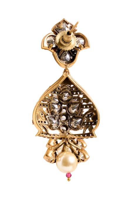 Shop_Nazaakat By Samara Singh_Red Stones, Pearls Floral Embellished Earrings _Online_at_Aza_Fashions