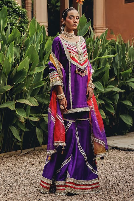 Ajiesh Oberoi_Purple Silk, Organza, Net Embroidery, Lace, Mirrors, Phulkari Phool Sharara Set _Online_at_Aza_Fashions