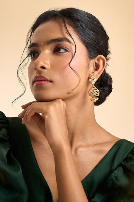 Nazaakat By Samara Singh_Gold Plated Stones, Beads Floral Embellished Dangler Earrings _Online_at_Aza_Fashions