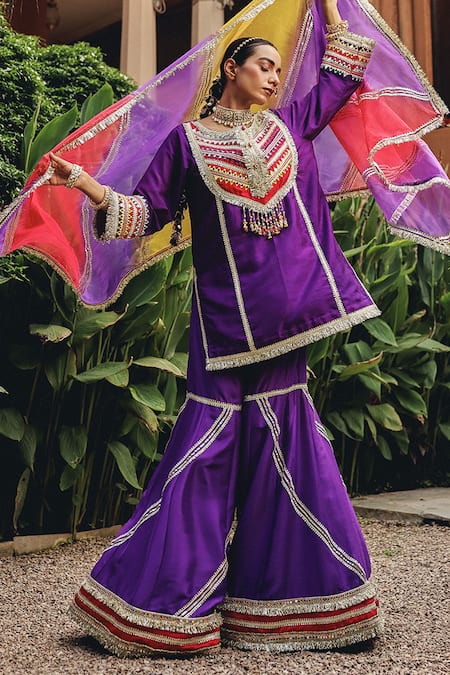 Buy_Ajiesh Oberoi_Purple Silk, Organza, Net Embroidery, Lace, Mirrors, Phulkari Phool Sharara Set _Online_at_Aza_Fashions