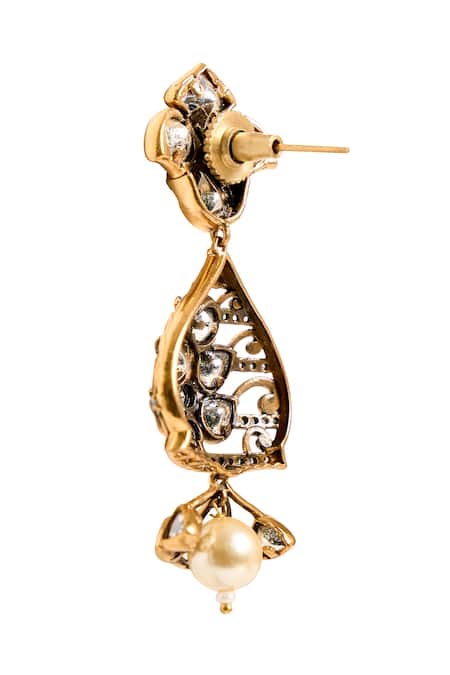 Shop_Nazaakat By Samara Singh_Gold Plated Stones, Beads Floral Embellished Dangler Earrings _Online_at_Aza_Fashions