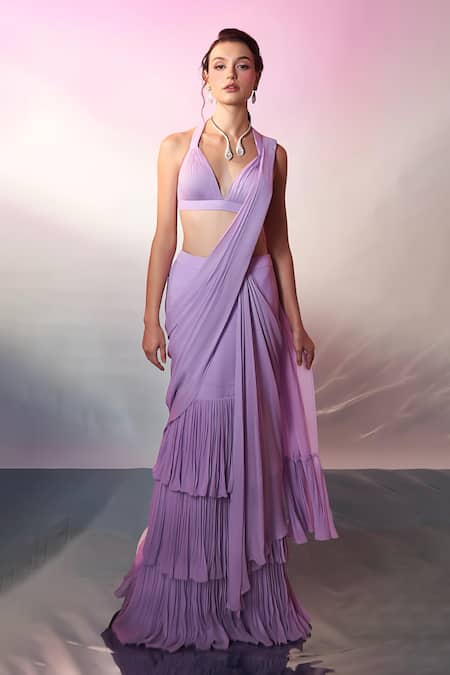 Buy_Anshika Tak Label_Purple Georgette Halter Neck, Layered Pre-draped Saree With Embroidered Blouse _Online_at_Aza_Fashions