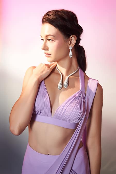 Shop_Anshika Tak Label_Purple Georgette Halter Neck, Layered Pre-draped Saree With Embroidered Blouse _Online_at_Aza_Fashions