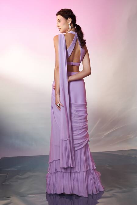 Buy_Anshika Tak Label_Purple Georgette Halter Neck, Layered Pre-draped Saree With Embroidered Blouse 