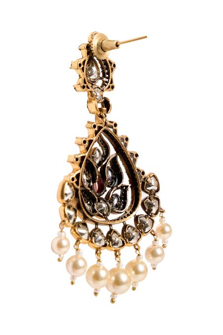 Shop_Nazaakat By Samara Singh_Gold Plated Stones, Pearls, Embellished Dangler Earrings _Online_at_Aza_Fashions