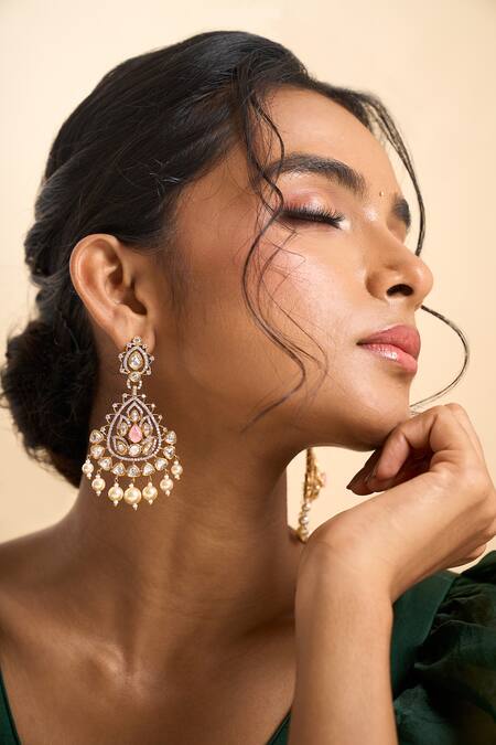 Nazaakat By Samara Singh_Gold Plated Stones, Pearls, Embellished Dangler Earrings _at_Aza_Fashions