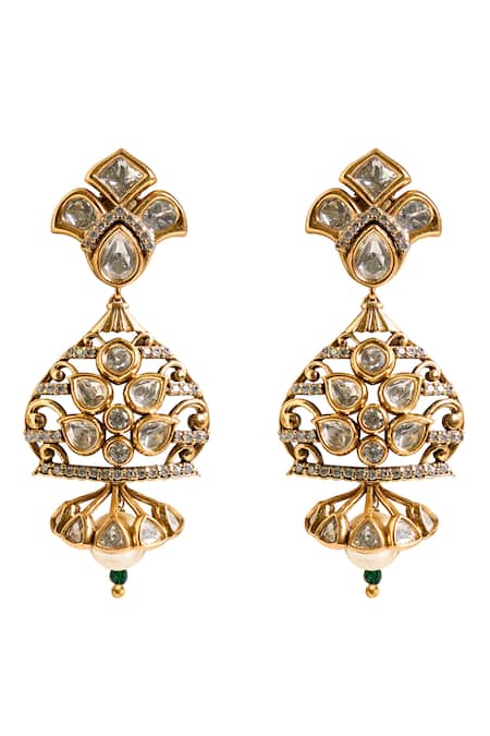 Nazaakat By Samara Singh_Gold Plated Stones, Beads Floral Embellished Drop Earrings _Online_at_Aza_Fashions