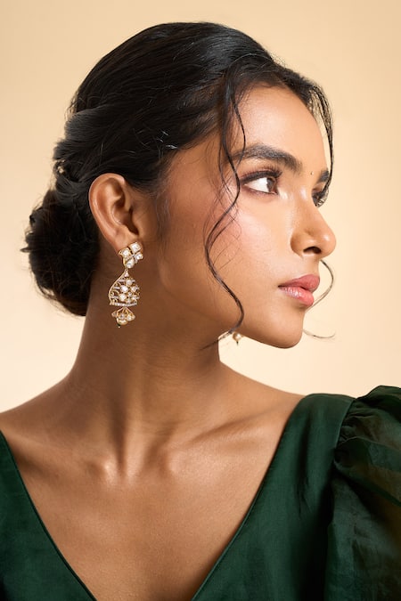 Buy_Nazaakat By Samara Singh_Gold Plated Stones, Beads Floral Embellished Drop Earrings 