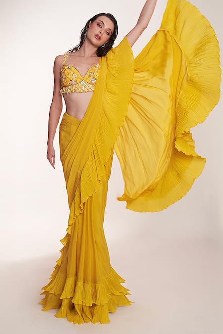 Anshika Tak Label Ruffled Pre-Draped Saree With Embellished Bralette 