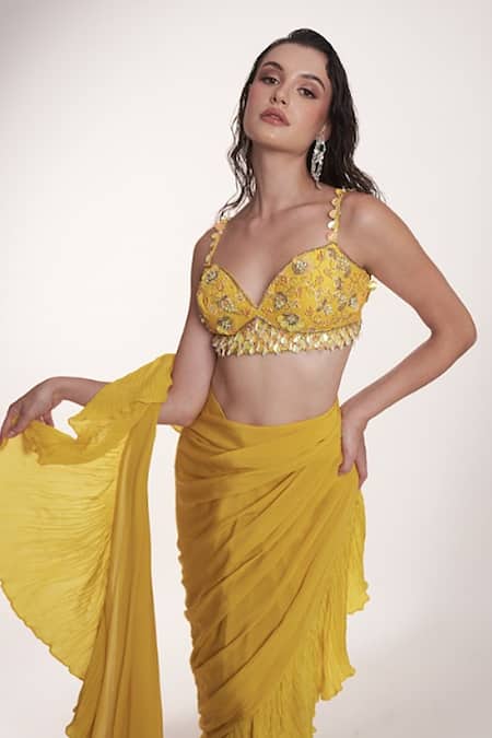 Anshika Tak Label Ruffled Pre-Draped Saree With Embellished Bralette 