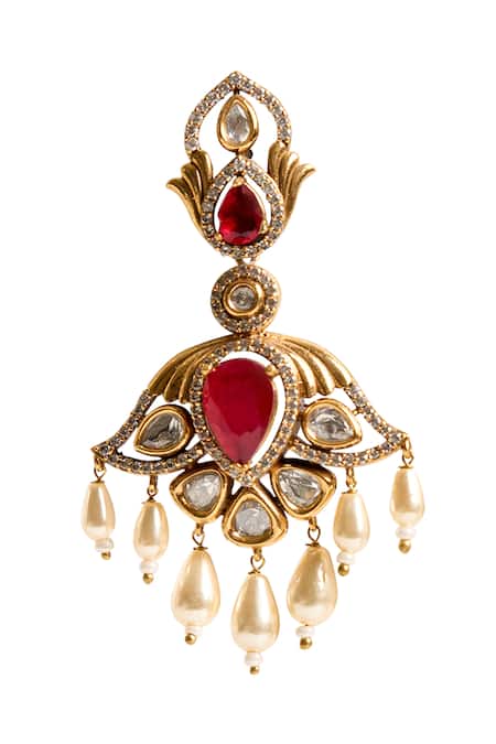 Buy Nazaakat By Samara Singh Red Gemstones, Pearls Embellished Dangling Drop Earrings Buy_Nazaakat By Samara Singh_Red Gemstones, Pearls Embellished Dangling Drop Earrings