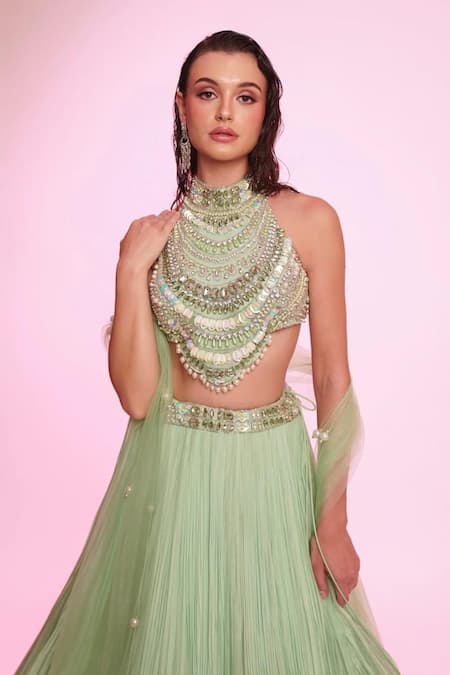 Anshika Tak Label_Green Silk Organza, Net Mirrors, Sequins, Beads, Pearls Embroidered Lehenga Set _Online_at_Aza_Fashions