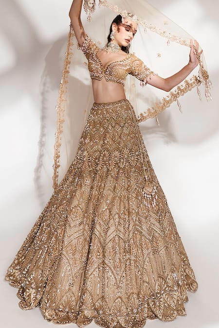 Buy_Anshika Tak Label_Gold Net Sequins, Beads, Embroidery, Pearls V-neck Bridal Lehenga Set _Online_at_Aza_Fashions