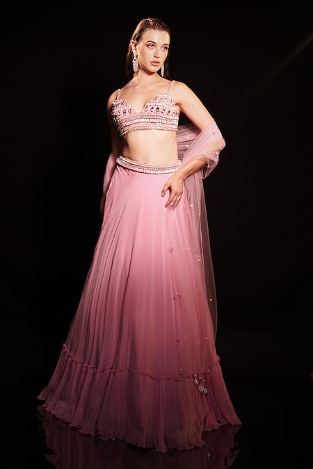 Anshika Tak Label_Pink Georgette, Net Mirrors, Pearls, Beads, And Embellished Lehenga Set _Online_at_Aza_Fashions