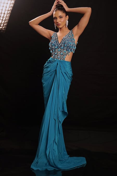 Anshika Tak Label_Teal Net, Crepe Beads, Sequins, Crystals V-neck Geometric Beadwork Draped Dress _Online_at_Aza_Fashions