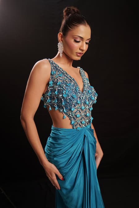 Buy_Anshika Tak Label_Teal Net, Crepe Beads, Sequins, Crystals V-neck Geometric Beadwork Draped Dress _Online_at_Aza_Fashions