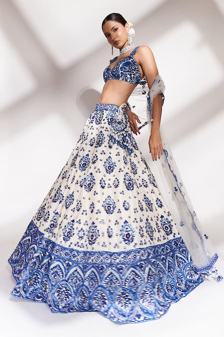 Buy_Anshika Tak Label_White Tussar, Silk, Net Embroidery, Sequins Threadwork And Bridal Lehenga Set _Online_at_Aza_Fashions