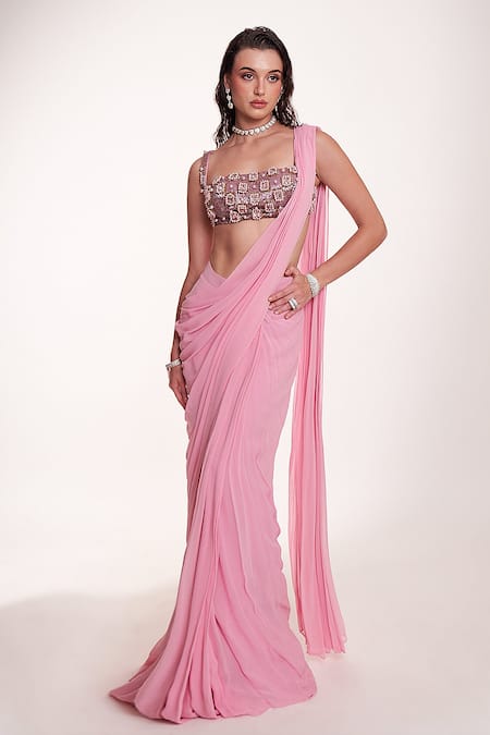 Anshika Tak Label Geometric Mirrorwork Blouse With Pre-Draped Saree 