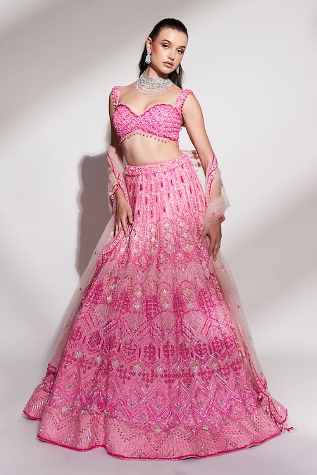 Buy_Anshika Tak Label_Pink Net Sequins, Beads, Embroidery Sweetheart Neck And Lehenga Set _Online_at_Aza_Fashions