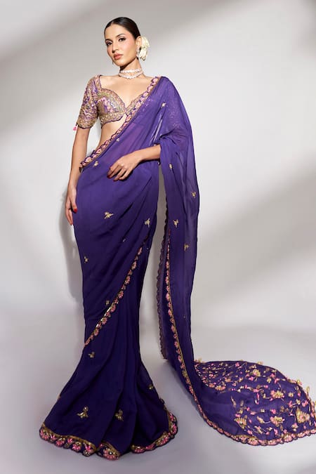 Anshika Tak Label Sequin Floral Embroidered Saree With Blouse 