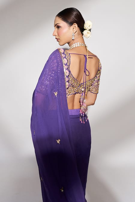 Anshika Tak Label Sequin Floral Embroidered Saree With Blouse 