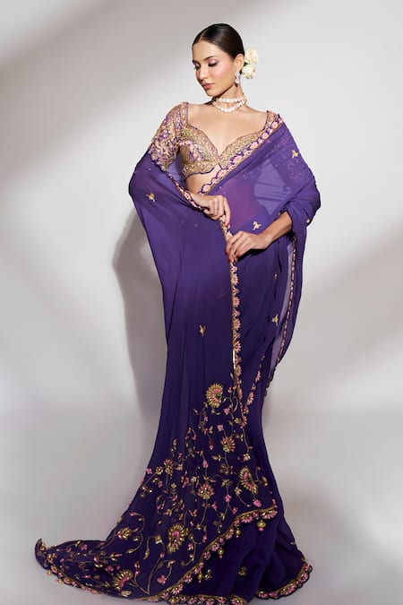 Anshika Tak Label_Purple Organza, Tussar, Silk Sequins, Embroidery, Floral Saree With Blouse _Online_at_Aza_Fashions