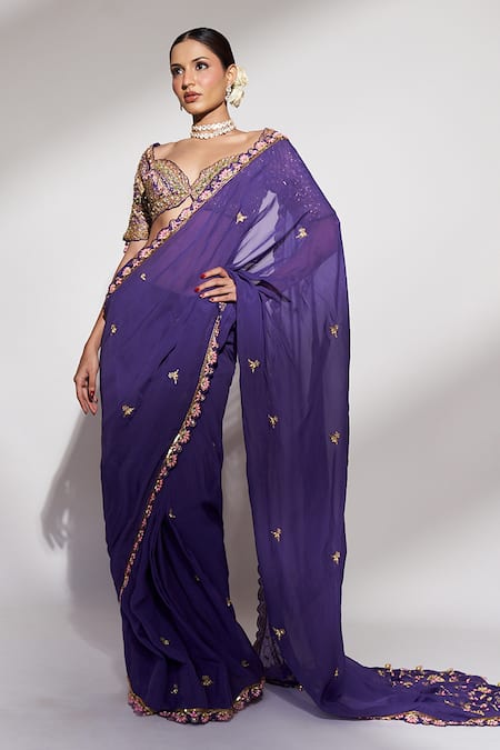 Buy_Anshika Tak Label_Purple Organza, Tussar, Silk Sequins, Embroidery, Floral Saree With Blouse _Online_at_Aza_Fashions