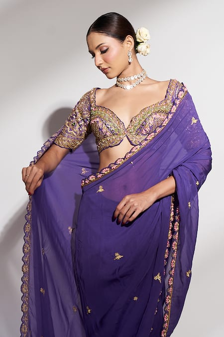 Shop_Anshika Tak Label_Purple Organza, Tussar, Silk Sequins, Embroidery, Floral Saree With Blouse _Online_at_Aza_Fashions