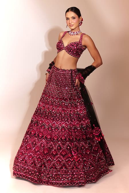 Anshika Tak Label_Red Tussar, Silk, Net Mirrors, Sequins, Embellished Bridal Lehenga Set _Online_at_Aza_Fashions