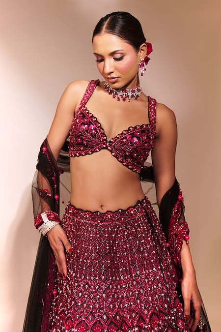 Buy_Anshika Tak Label_Red Tussar, Silk, Net Mirrors, Sequins, Embellished Bridal Lehenga Set _Online_at_Aza_Fashions
