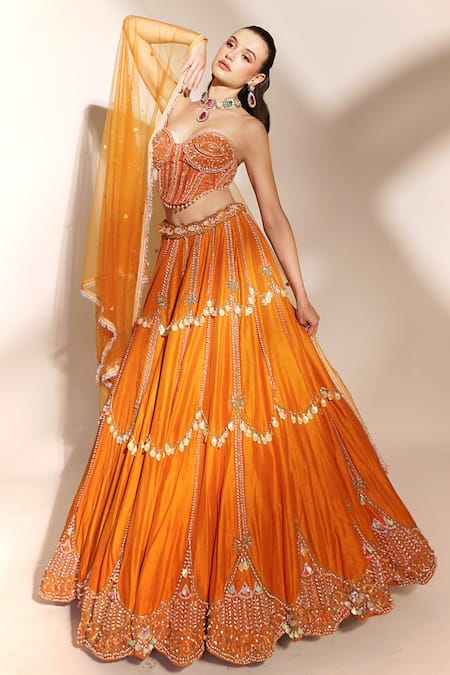 Anshika Tak Label_Orange Tussar, Silk, Net Sequins, Embroidery, Beads Scallop Lehenga Set _Online_at_Aza_Fashions