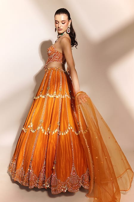 Buy_Anshika Tak Label_Orange Tussar, Silk, Net Sequins, Embroidery, Beads Scallop Lehenga Set _Online_at_Aza_Fashions