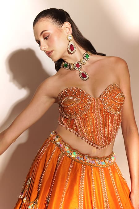 Shop_Anshika Tak Label_Orange Tussar, Silk, Net Sequins, Embroidery, Beads Scallop Lehenga Set _Online_at_Aza_Fashions