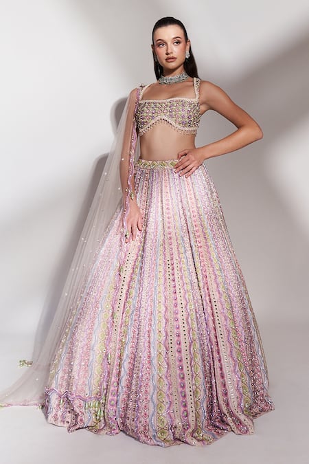 Anshika Tak Label_Pink Tussar, Silk, Net Sequins, Mirrors, Embroidery And Bridal Lehenga Set _Online_at_Aza_Fashions