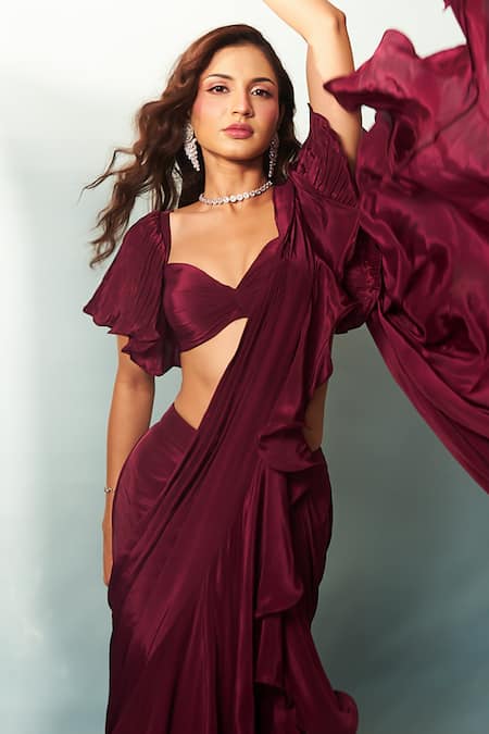Anshika Tak Label_Wine Crepe Sweetheart Neck Ruffled Pre-draped Saree With Blouse _Online_at_Aza_Fashions