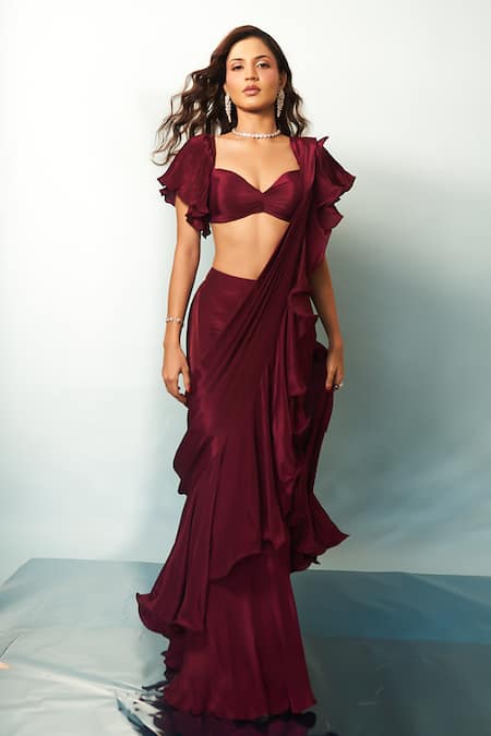 Buy_Anshika Tak Label_Wine Crepe Sweetheart Neck Ruffled Pre-draped Saree With Blouse _Online_at_Aza_Fashions