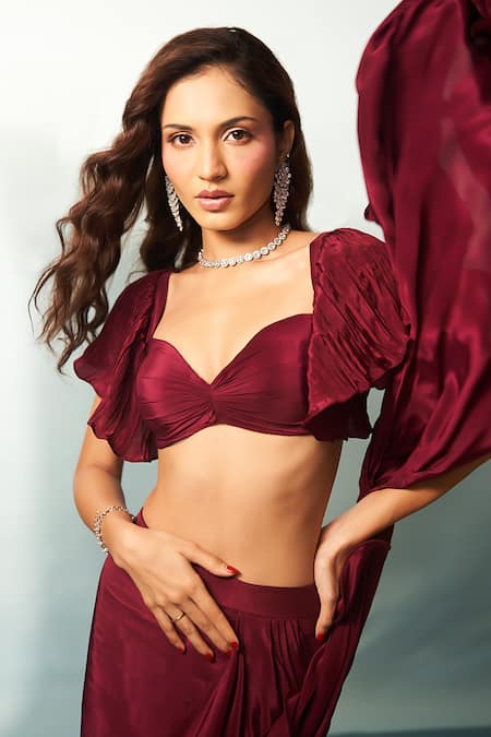 Shop_Anshika Tak Label_Wine Crepe Sweetheart Neck Ruffled Pre-draped Saree With Blouse _Online_at_Aza_Fashions