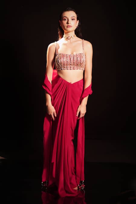 Anshika Tak Label_Beige Crepe Beads, Sequins Square Neck Embroidered Blouse Draped Skirt Set _Online_at_Aza_Fashions